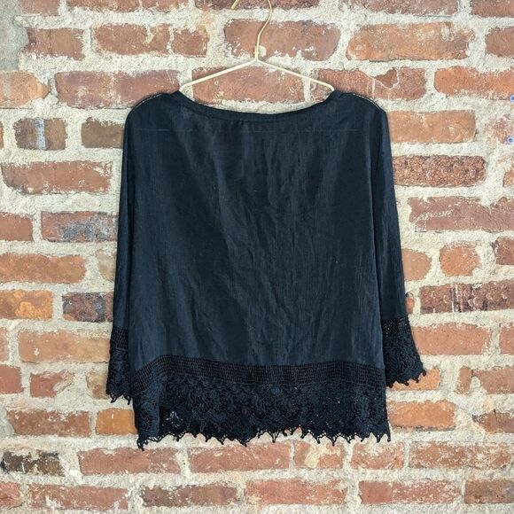 American Eagle Black Boho Crochet Lace Trim Button Down Peasant Top M/M - Picture 6 of 9